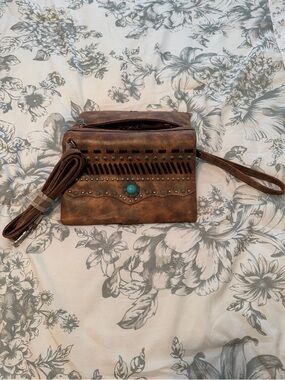 Brown Faux Leather Crossbody Wristlet with Turquoise Accent